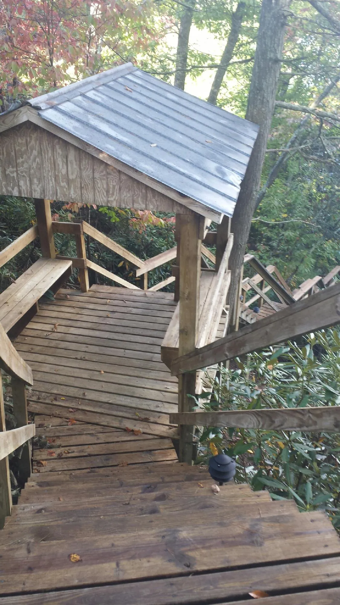 Metal roofed shelter over wooden steps on a wooded walkway — Skylight Repair & Installation work by our crew in Winslow